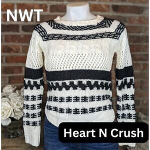 NEW Heart N Crush Sweater XS Cream Black Stripe Fuzzy Open Cable Knit Crew Neck